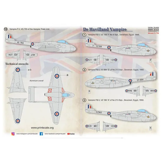 Print Scale 72-422 - 1/72 - De Havilland FB Vampire scale decal plastic model