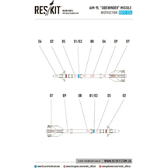 Reskit RS72-0236 - 1/72 AIM-9L Sidewinder missile 4 PCS scale model kit