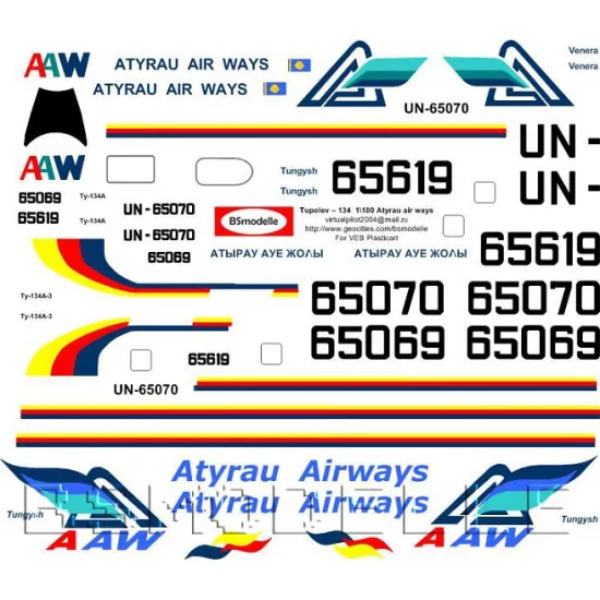 BSmodelle 100055 - 1/100 Tupolev Tu-134 Atyrau airways decal for aircraft scale