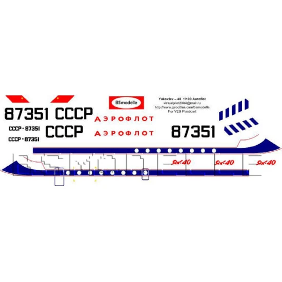 BSmodelle 100057 - 1/100 Yakovlev Yak-40 Aeroflot USSR decal for aircraft scale