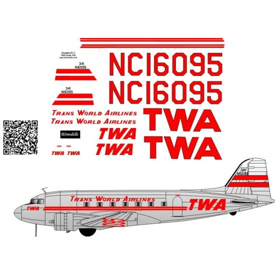 BSmodelle 480434 - 1/48 Douglas DC-3 TWA decal for aircraft model scale kit