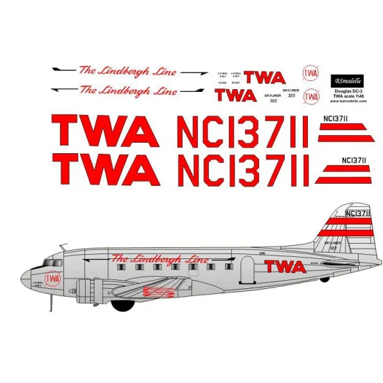 BSmodelle 480434_1 - 1/48 Douglas DC-3 TWA Lindbergh Line decal for aircraft kit