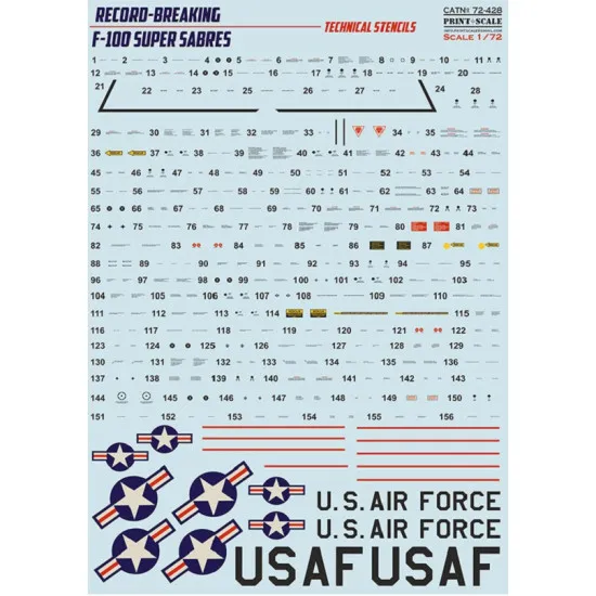 Print Scale 72-428 - 1/72 F-100 Super Sabre. Technical stencils NEW decal
