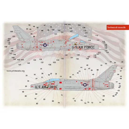 Print Scale 72-428 - 1/72 F-100 Super Sabre. Technical stencils NEW decal