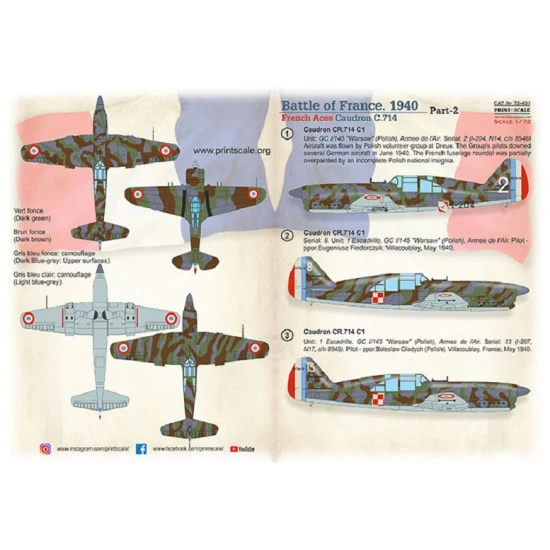 Print Scale 72-431 - 1/72 Battle of France. 1940. French aces Caudron C.714 NEW