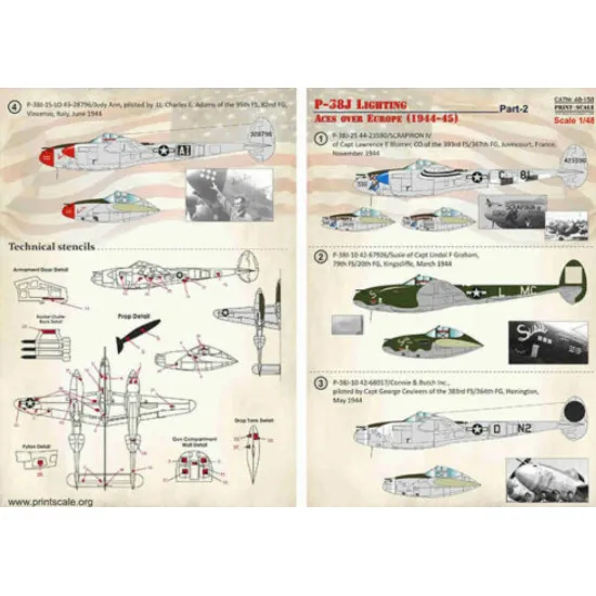 Us Stock Print Scale 48-158 - 1/48 - P-38j Lighting Aces Over Europe 1944-45 Part 2