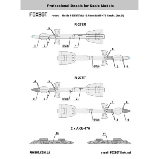 Foxbot 72-043 - 1/72 Stencils Soviet Missile R-27ER/ET (AA-10 Alamo) & AKU-470 (Var.1)
