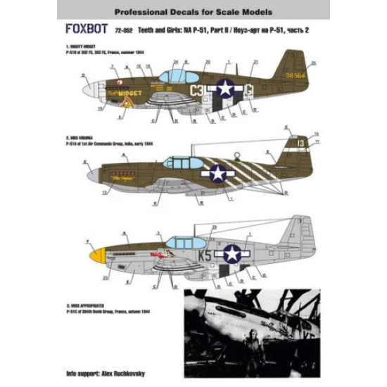 Foxbot 72-052 - 1/72 Decals U.S.A.F. North American P-51 Mustang Nose Art and Stencils (Part 2)