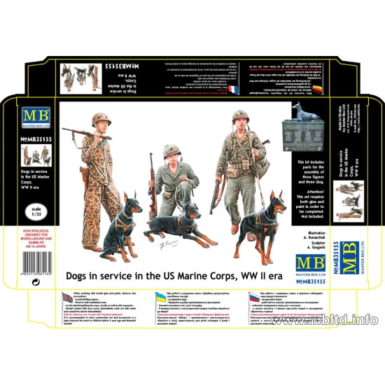 Dogs in service in the US Marine Corps, WW II era 3 figures 3 dogs 1/35 Master Box 35155