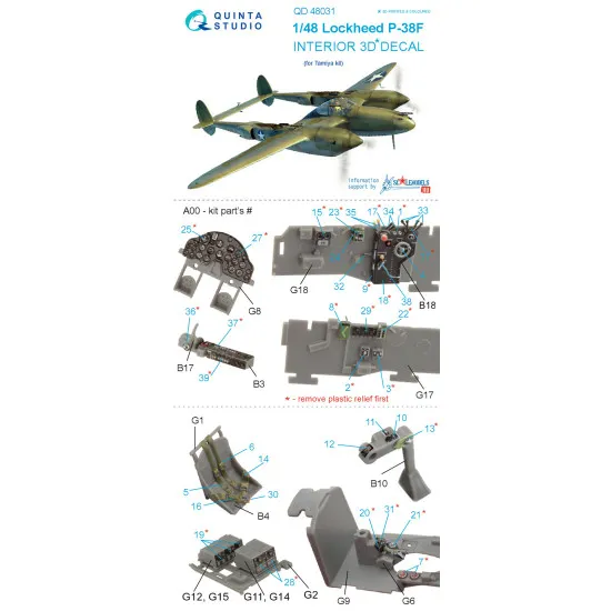 Quinta QD48031 - 1/48 3D-Printed & Coloured Interior for P-38F Tamiya Kit