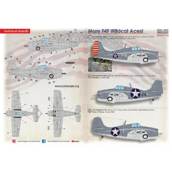 Print Scale 72-441 - 1/72 F4F Wildcat Aces (with 3D instrumental panel) Decal