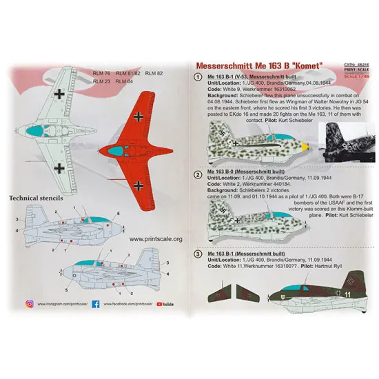 Print Scale PRS48-216 - 1/48 Messerschmitt Me-163B Komet Wet Decals for aircraft model