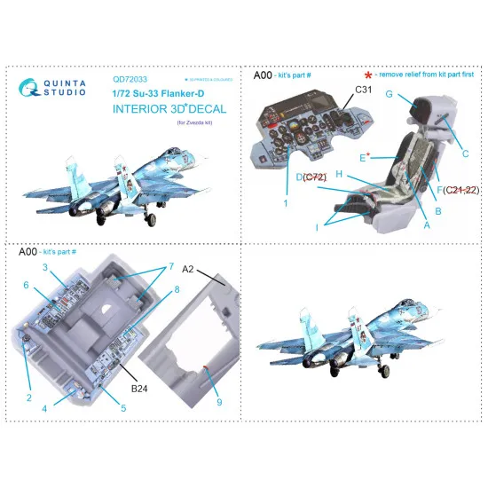 Quintas studio QD72033 - 1/72 Su-33 3D-Printed & Coloured interior on Decal paper (Zvezda)