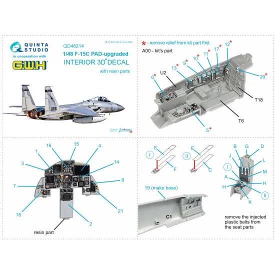 Quinta Studio QD48214 - 1/48 F-15C PAD-upgraded 3D-Printed & Coloured Interior on Decal Paper with Resin Parts (GWH)