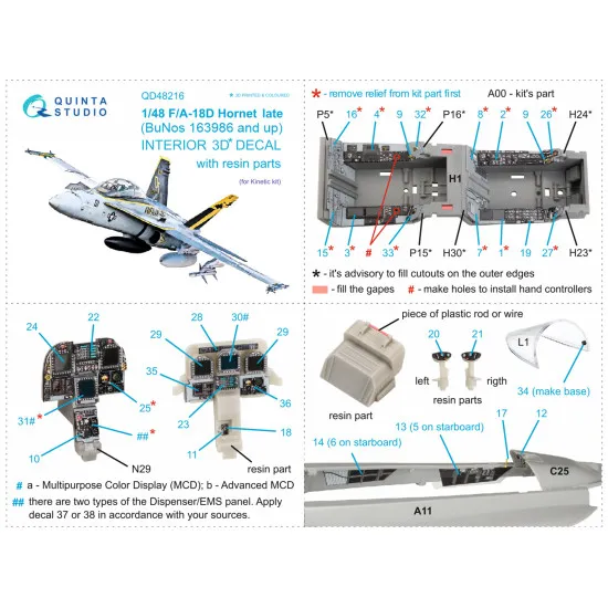 Quinta studio QD48216 1/48 F/A-18D Late 3D-Printed and Coloured Interior on Decal Paper with Resin Parts Kinetic
