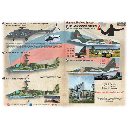 Print Scale 72-457 1/72 Russian Air Force Losses in the 2022 Ukraine Invasion for Su-25, Su-34, An-26, Mi-24P, Mi-8AMTSh, Ka-52
