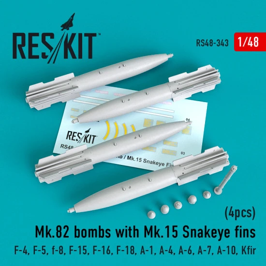 Reskit RS48-0343 - 1/48 Mk.82 bombs with Mk.15 Snakeye fins (4pcs), scale model kit