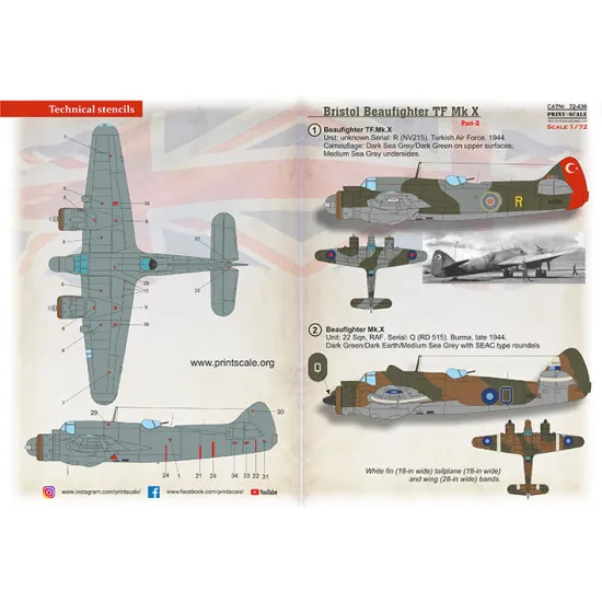 Print Scale 72-436 - 1/72 Bristol Beaufighter Mk.X Part 2, Aircraft wet decal