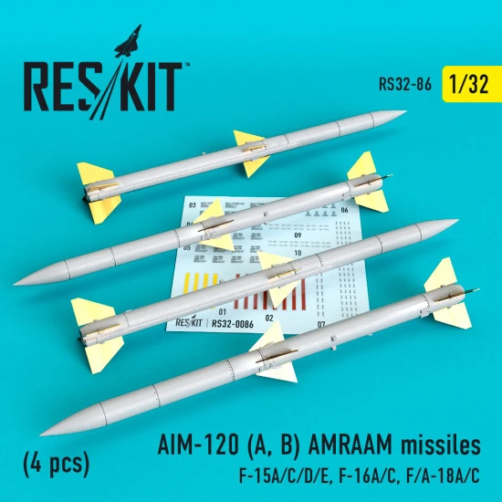 Reskit RS32-0086 - 1/32 AIM-120 (A, B) AMRAAM missiles (4 pcs) scale model kit Reskit RS32-0086 - 1/32 AIM-120 (A, B) AMRAAM missiles (4 pcs) scale model kit