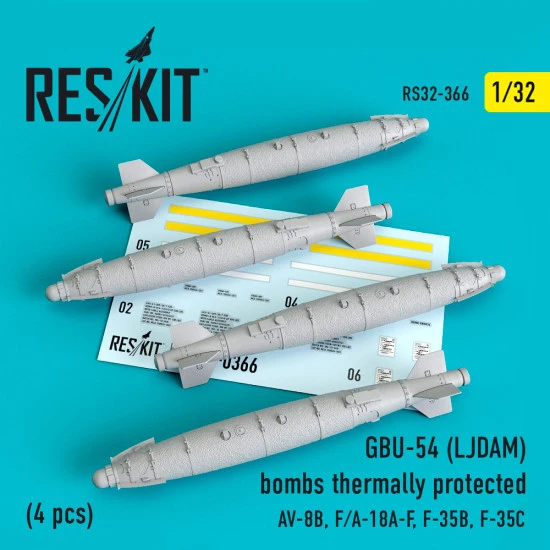 Reskit RS32-0366 1/32 GBU-54 (LJDAM) bombs thermally protected (4 pcs) (AV-8B, F/A-18A-F, F-35B, F-35C) (1/32) Reskit RS32-0366 1/32 GBU-54 (LJDAM) bombs thermally protected (4 pcs) (AV-8B, F/A-18A-F, F-35B, F-35C) (1/32)