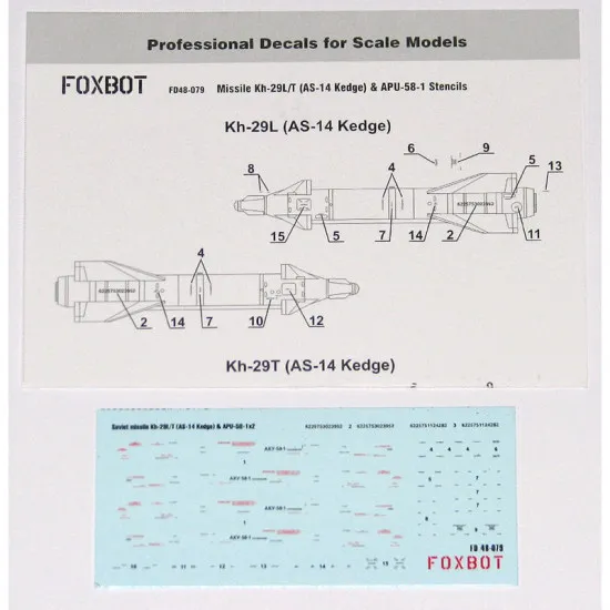 Foxbot 48-079 1/48 Decal Missile Kh-29L/T (AS-14 Kedge) and APU-58-1 Stencils
