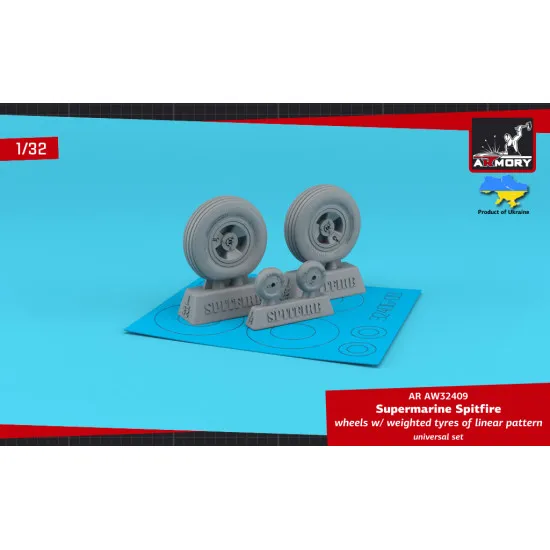 Armory AW32409 1/32 Supermarine Spitfire wheels w/ weighted tyres of linear pattern & 3-spoke hubs