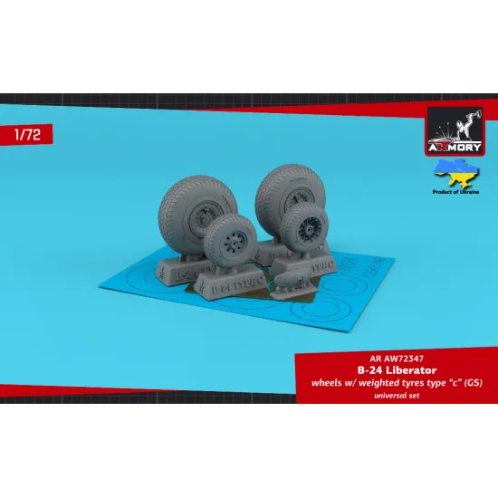 Armory AW72347 1/72 B-24 Liberator wheels w/ weighted tyres type c GS, 2 types nose wheels, 3D-printed mudguard & PE hubcaps