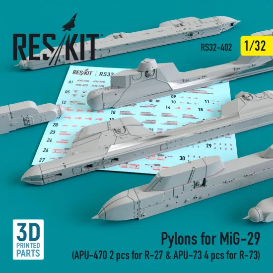 Reskit RS32-0402 - 1/32 Pylons for MiG-29 (APU-470 2 pcs for R-27 & APU-73 4 pcs for R-73)
