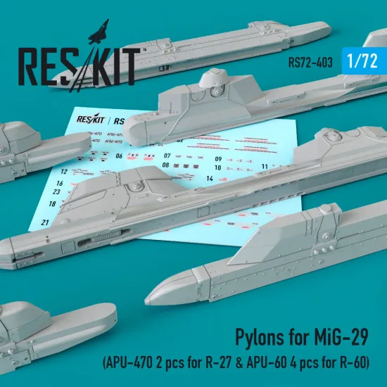 Reskit RS72-0403 1/72 Pylons for MiG-29 (APU-470 2 pcs for R-27 & APU-60 4 pcs for R-60)