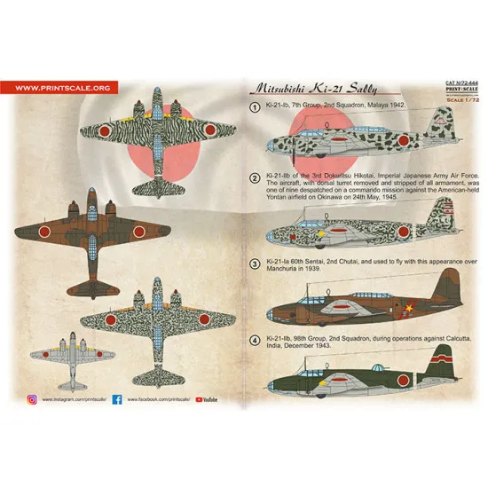 Print Scale 72-444 1/72 Decal for Mitsubishi Ki-21 Military aircraft