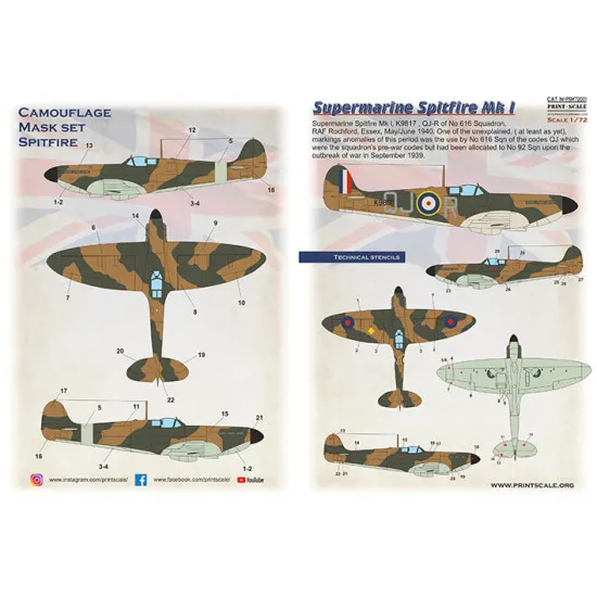 Print Scale PSM72001 1/72 Mask for Supermarin Spitfire Mk.1 Military aircraft