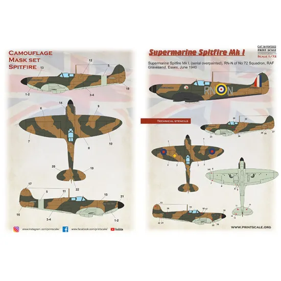 Print Scale PSM72002 1/72 Mask for Supermarin Spitfire Mk.1 Military aircraft