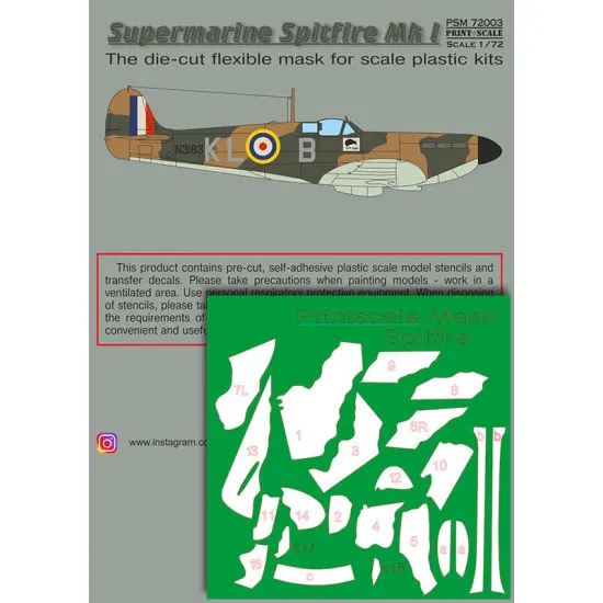 Print Scale PSM72003 1/72 Mask for Supermarin Spitfire Mk.1 Military aircraft