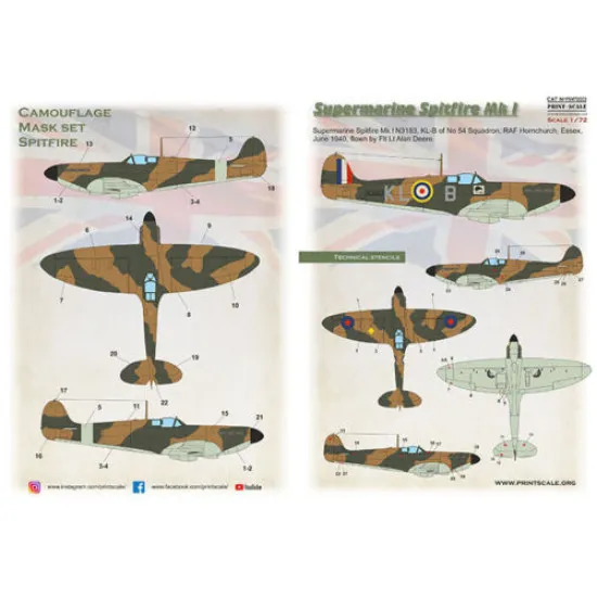 Print Scale PSM72003 1/72 Mask for Supermarin Spitfire Mk.1 Military aircraft