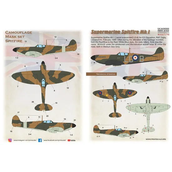 Print Scale PSM72005 1/72 Mask for Supermarin Spitfire Mk.1 Military aircraft