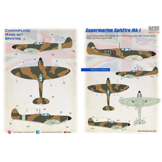 Print Scale PSM72006 1/72 Mask for Supermarin Spitfire Mk.1 Military aircraft