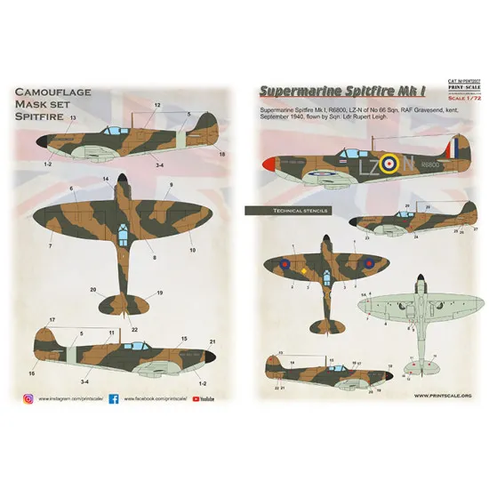 Print Scale PSM72007 1/72 Mask for Supermarin Spitfire Mk.1 Military aircraft