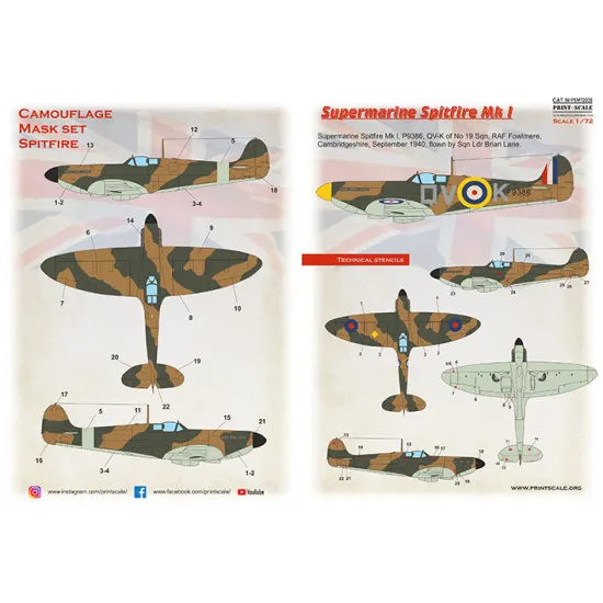 Print Scale PSM72008 1/72 Mask for Supermarin Spitfire Mk.1 Military aircraft