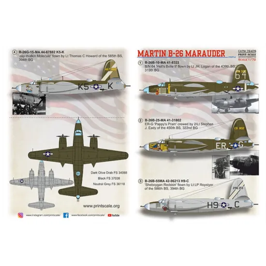 Print Scale 72-476 1/72 B-26 Marauder Part 2 Decal for aircraft