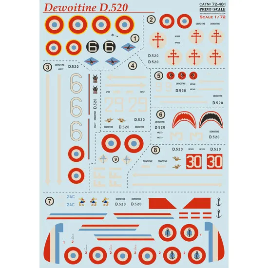 Print Scale 72-481 1/72 Dewoitine D.520 Part 2 Decal for aircraft