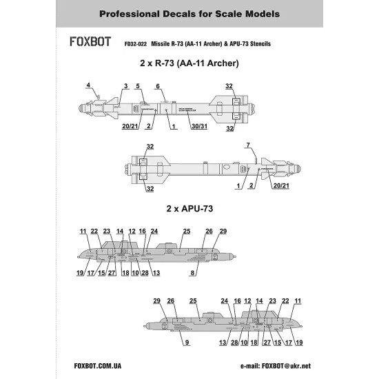 Foxbot 32-022 1/32 Stencils for Missile R-73 (AA-11 Archer) & APU-73 Decal kit