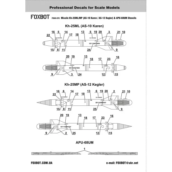 Foxbot 48-078 1/48 Kh-25ML/MP AS-10 Karen AS-12 Kegler & APU-68UM Stencils