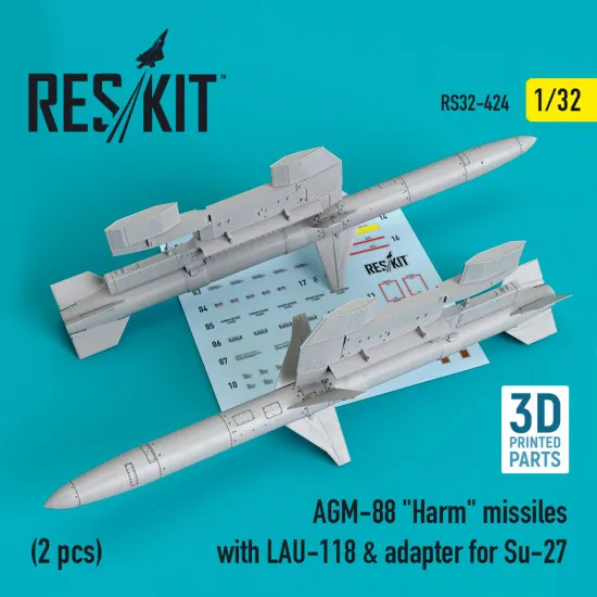 Reskit RS32-0424 1/32 AGM-88 Harm missiles w/ LAU-118 adapter for Su-27 2 pcs