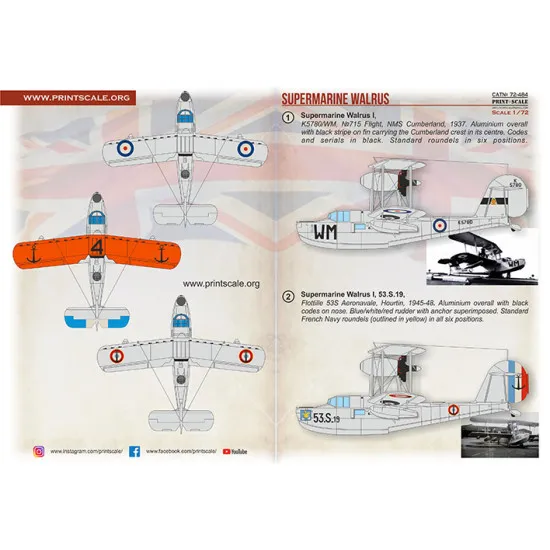 Print Scale 72-484 1/72 Supermarine Walrus. Decal for aircraft