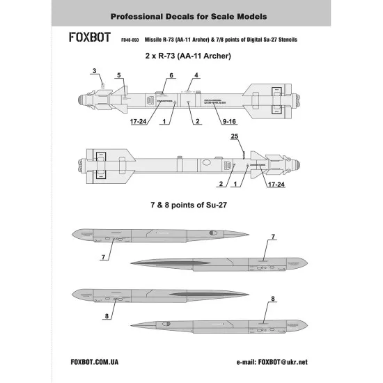 Foxbot 48-050 1/48 Stencils for Missile R-73 AA-11 Archer & 7/8 points of Digital Su-27