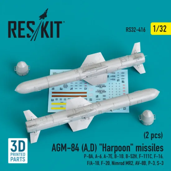 Reskit Rs32-0416 1/32 Agm 84 A D Harpoon Missiles 2 Pcs P8a A6 A7e B1b B52h F111c F-16 Fa18 F20 Nimrod Mr2 Av8b P3 S3