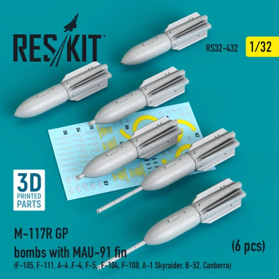 Reskit Rs32-0432 1/32 M 117r Gp Bombs With Mau-91 Fin 6 Pcs F105 F111 A4 F4 F5 F104 F100 A1 Skyraider B52 Canberra 3d Printing