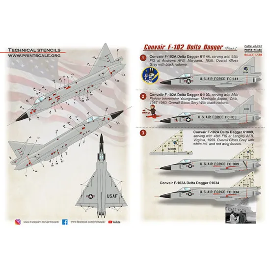 Print Scale 48-242 1/48 Decal For Convair F102 Delta Dagger Part 1