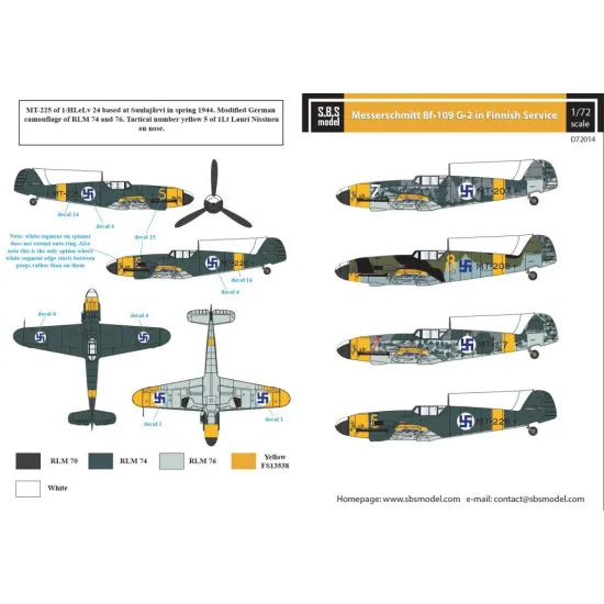 Sbs D72014 1/72 Decal For Messerschmitt Bf-109g-2 In Finnish Service