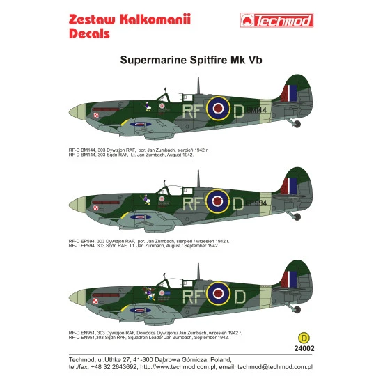 Techmod 24002 1/24 Supermarine Spitfire Mk Vb British Raf Fighter Wet Decal